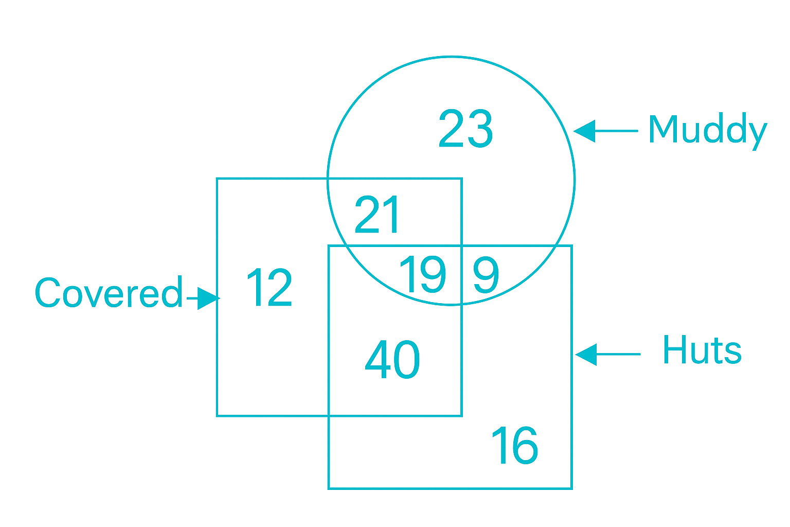 Multiple-choice logic puzzle asking how many huts are both covered and muddy, with options 28, 40, 33, and 19 and a Venn diagram provided