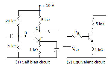 Electronics and Communication Engineering Analog Electronics: Figure shows the self bias circuit for CE amplifier and its equivalent circuit. VBB and R