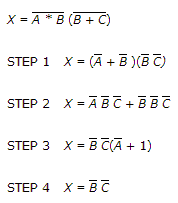 Which step in this reduction process is using DeMorgan's theorem? STEP 1 STEP 2 STEP 3 STEP 4