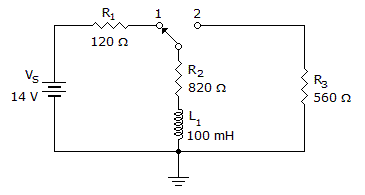 If the switch is moved to position 1 in the given circuit, how long will it take for the current to 